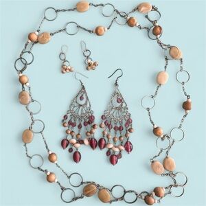 Silver long beaded necklace w/earrings & Pink Beaded Earrings